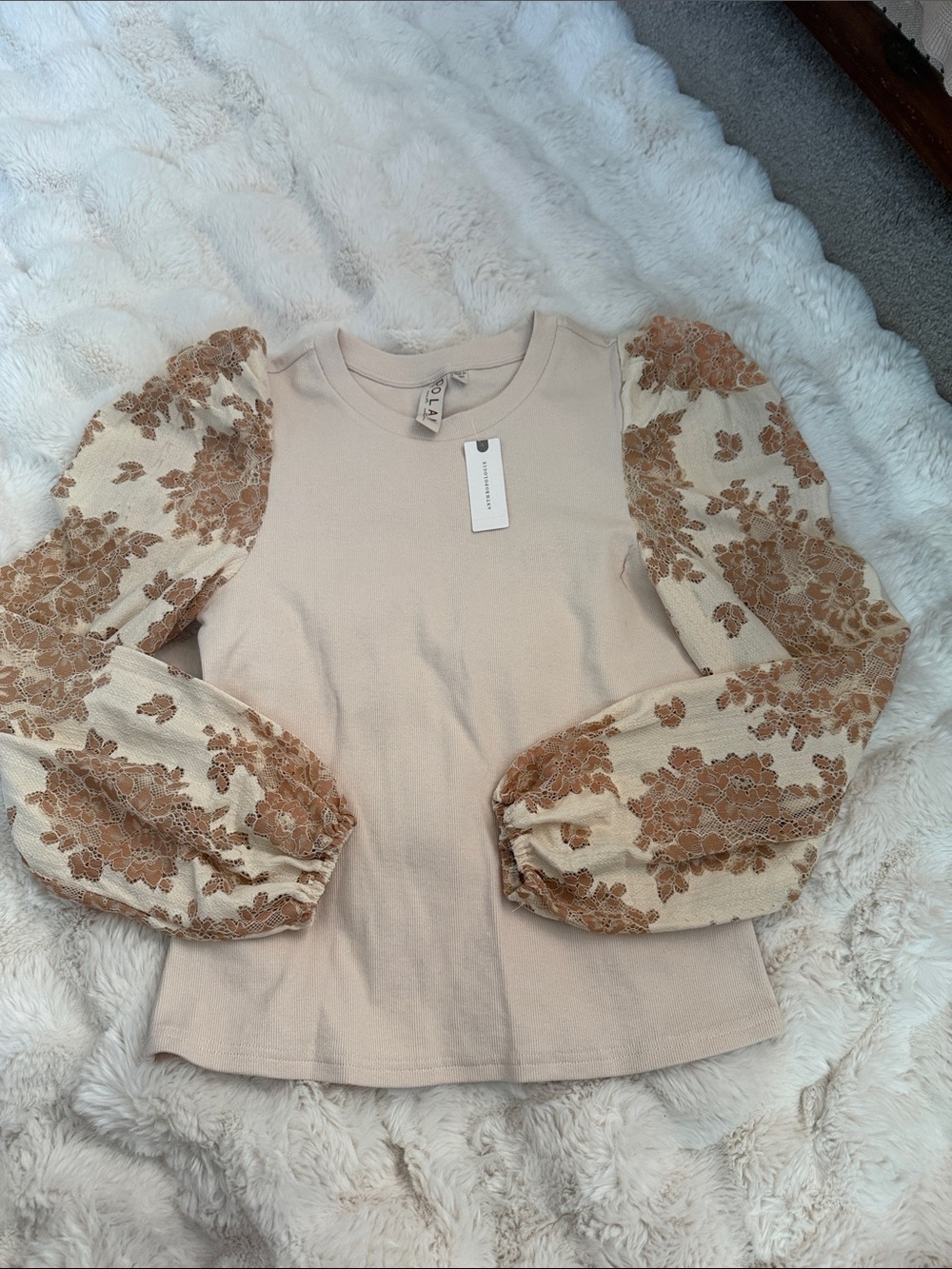 Anthropologie Cream Knit Top with Tan Floral Lace Puff Sleeves